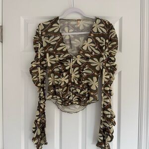 Free People Floral Ruffle Long-Sleeve Top in Olive, Cream & Rust